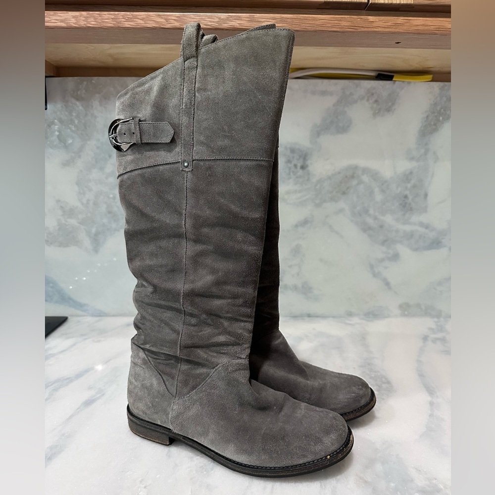 Manolo Blahnik Knee-High Suede Riding Boots, Gray, 7.5